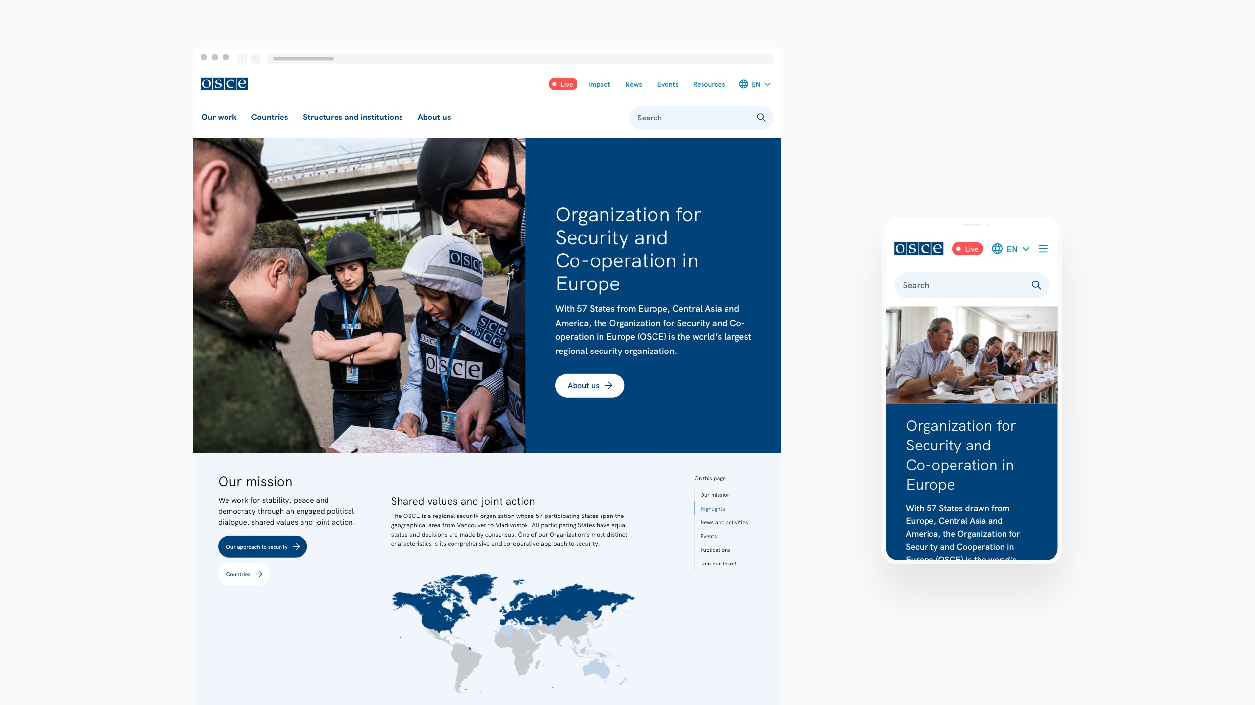 Teaser image showing the new OSCE website design on a desktop and mobile screen