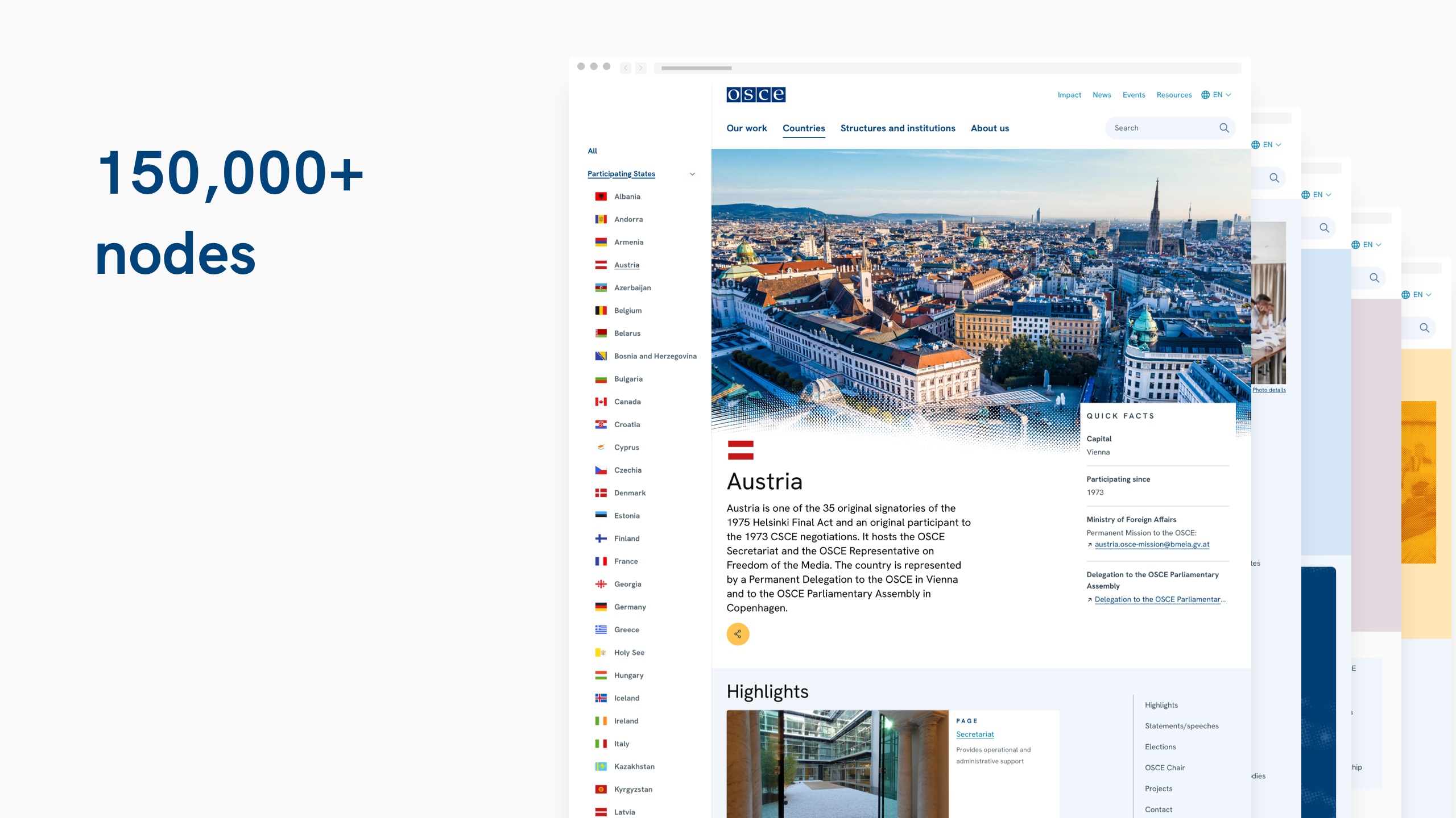 Large text reading “150,000+ nodes” beside a screenshot of the OSCE country page with navigation and a city image.