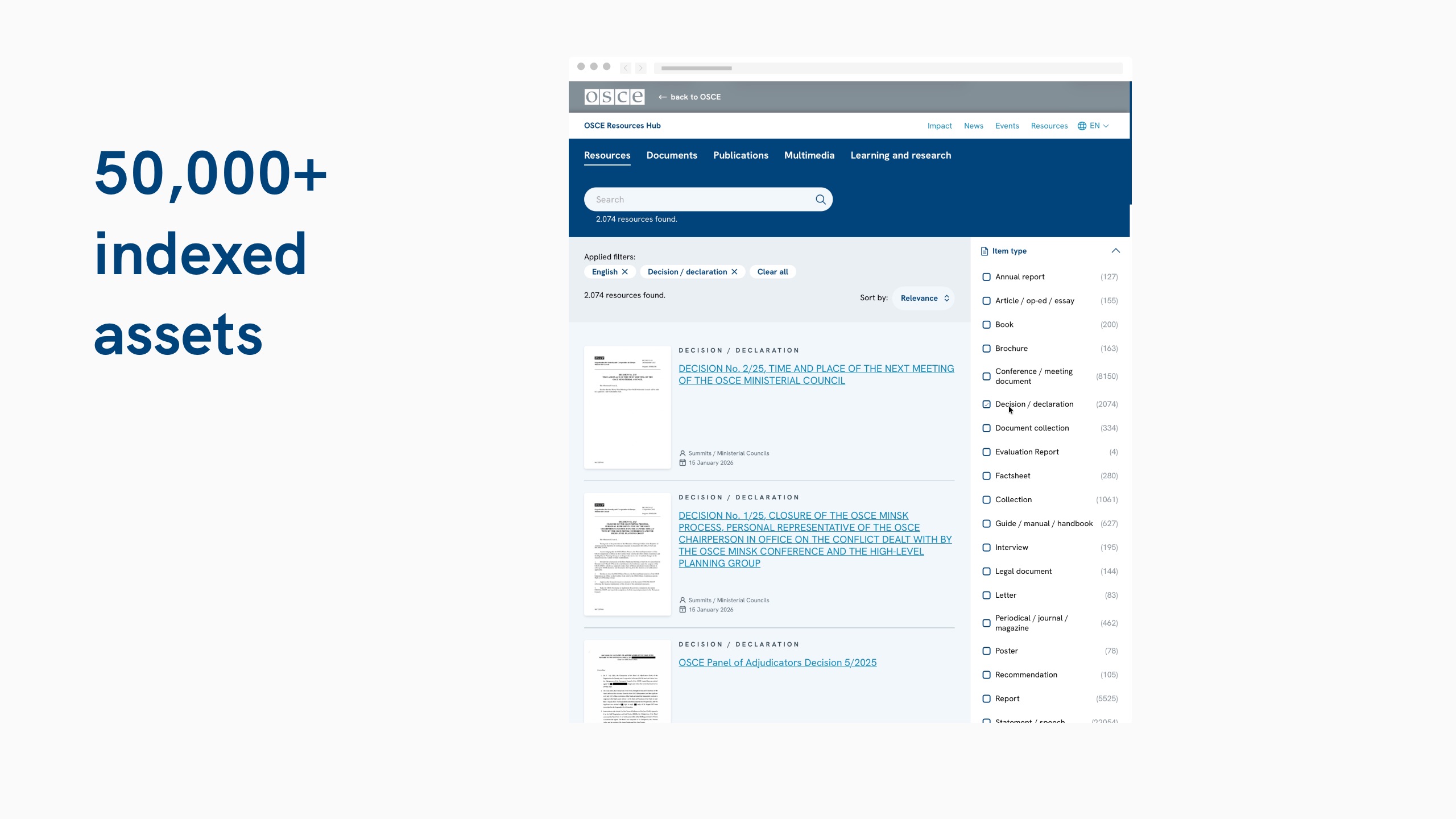 Text reading “50,000+ indexed assets” next to a resources hub page displaying filtered document listings.