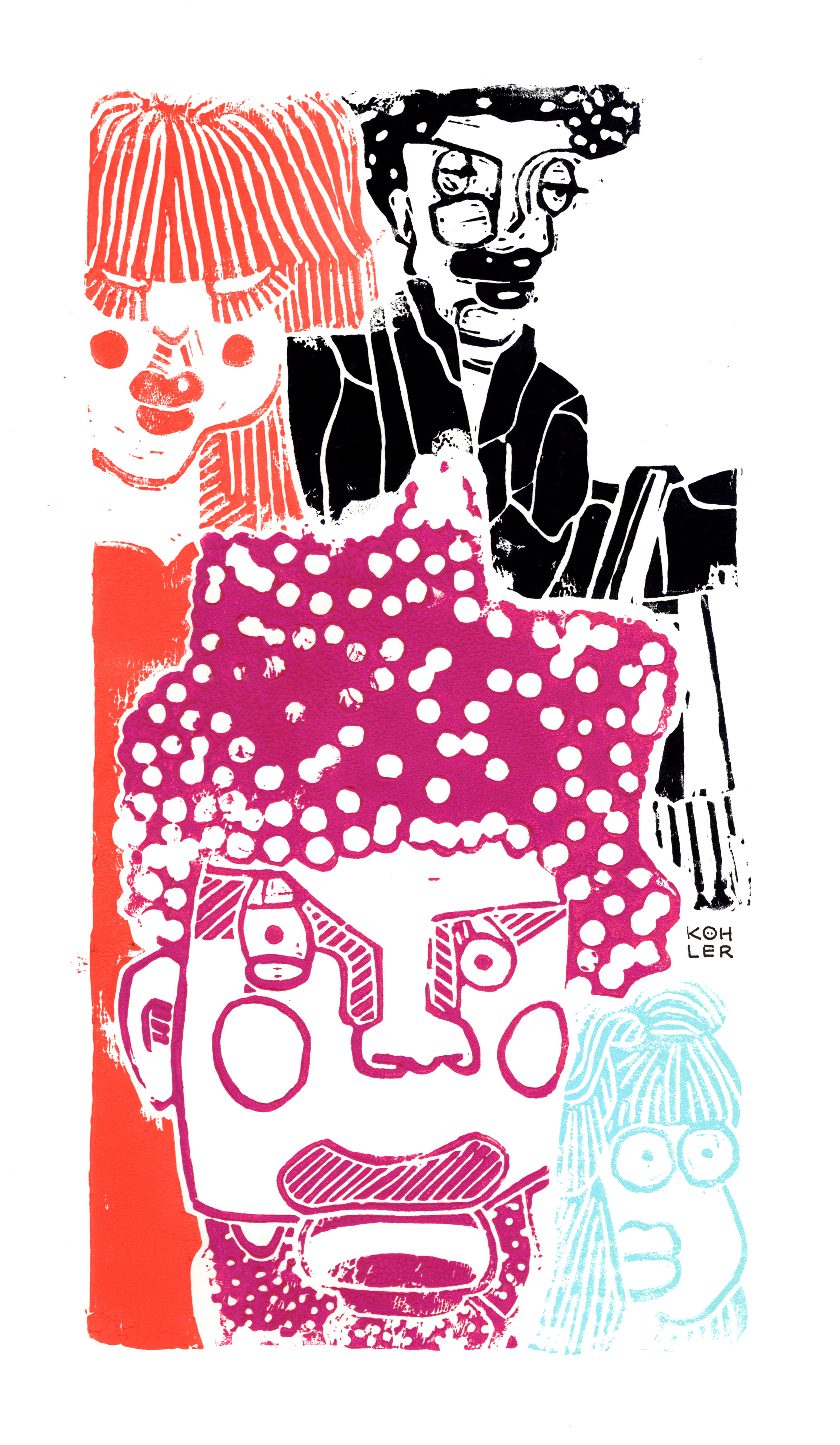 Four stylized faces in a colorful, textured abstract print with bold lines and layered patterns.