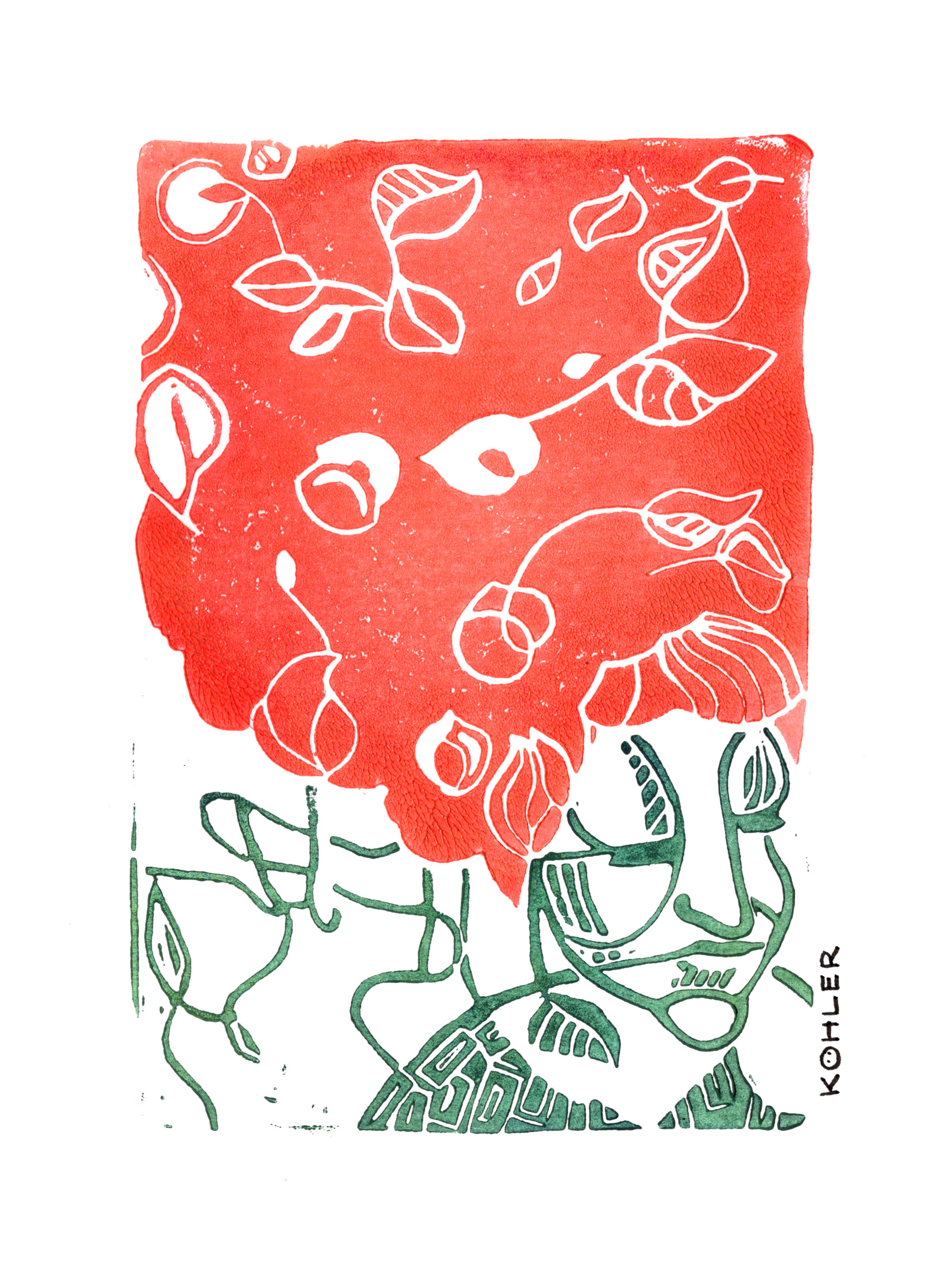 Red floral print with white leaf motifs above green abstract vines, rendered in a textured block-print style.