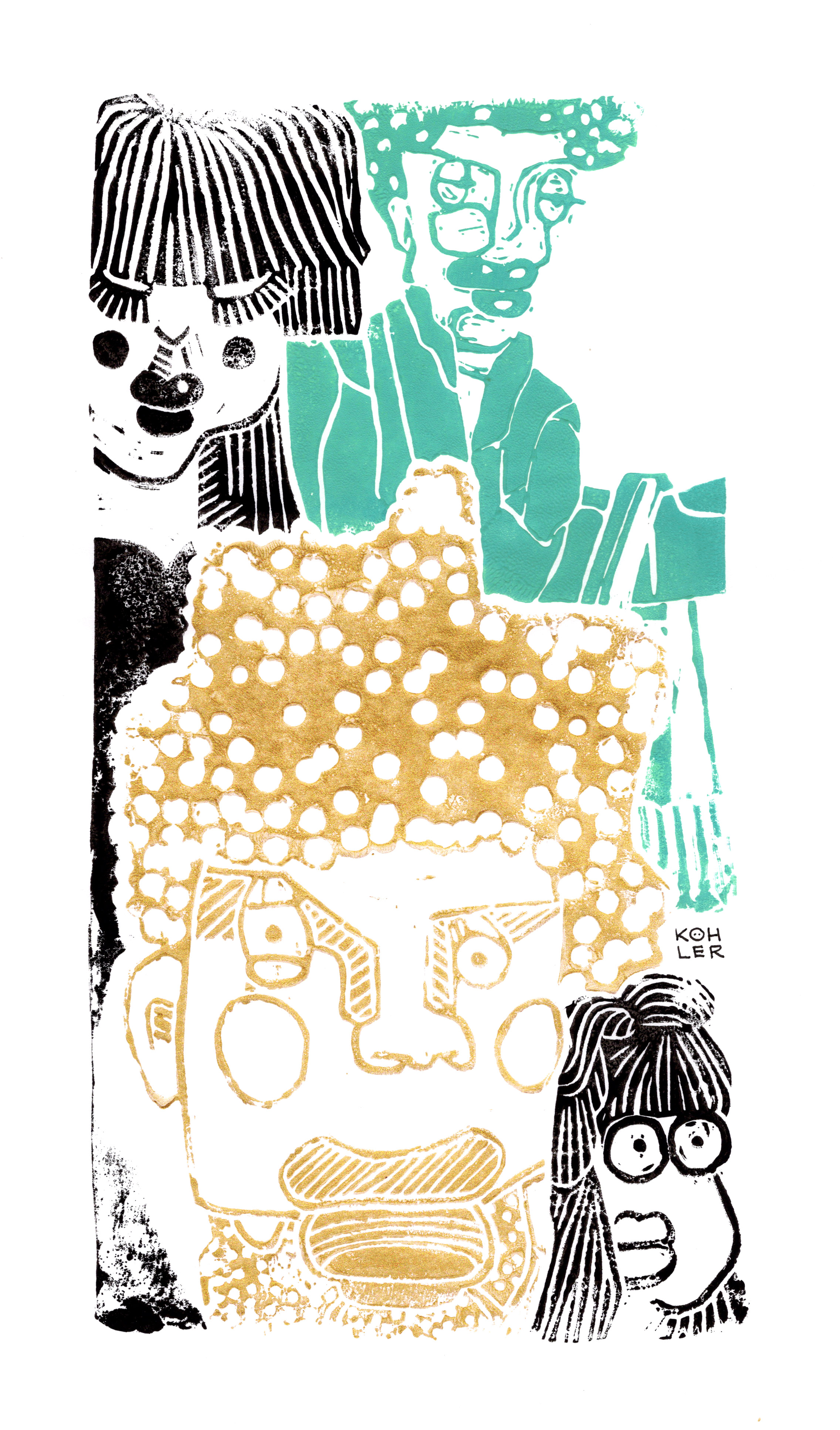 Four stylized faces in a colorful, textured abstract print with bold lines and layered patterns.