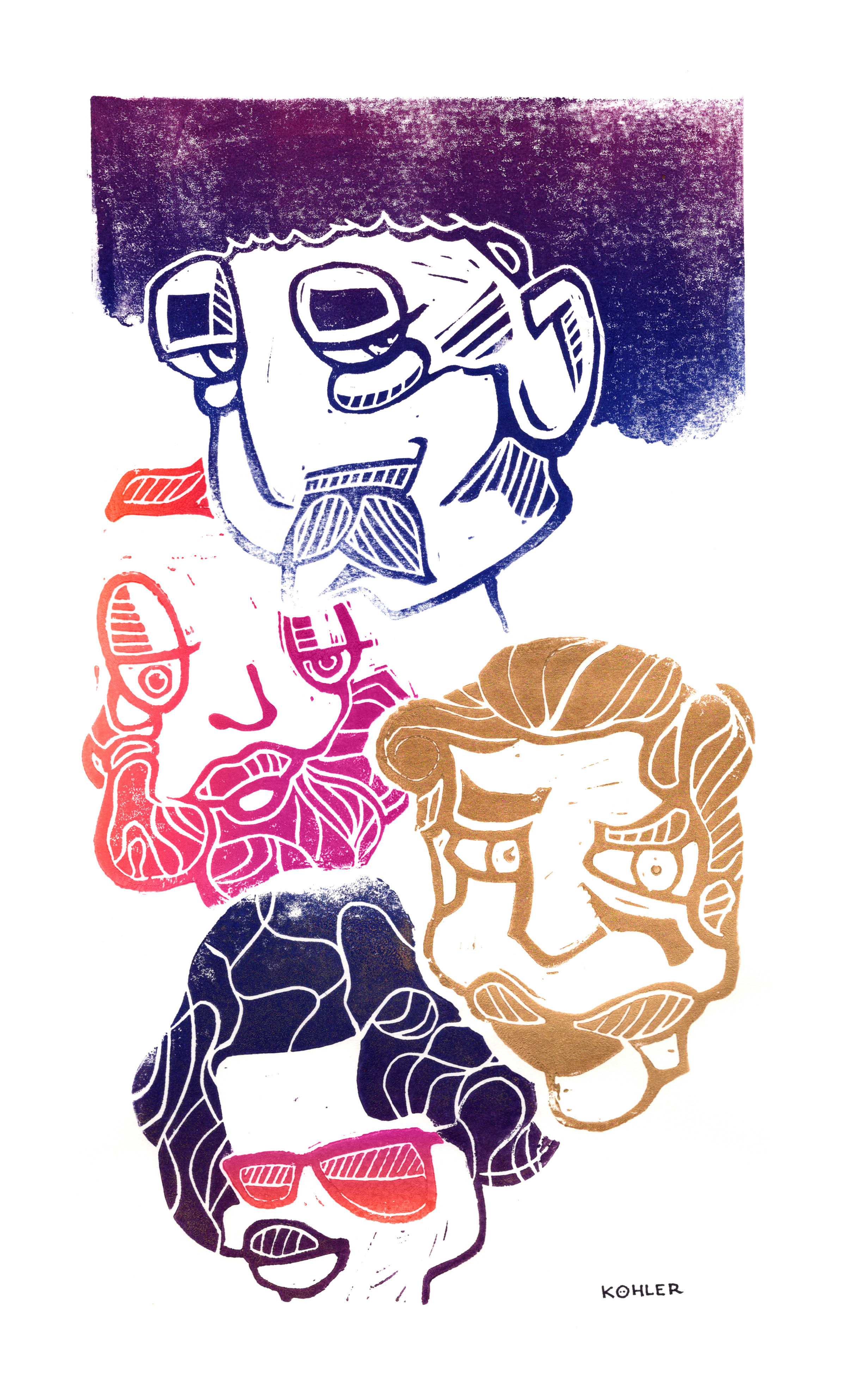 Four stylized faces in layered purple, pink, gold, and blue block-print forms with bold lines and expressive features.